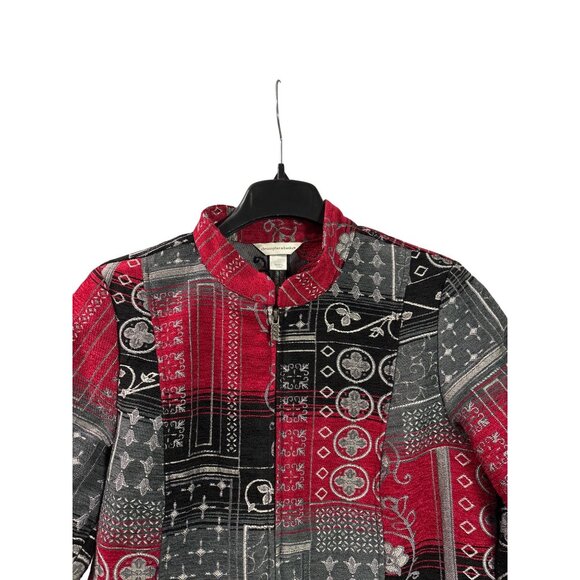 Vtg Y2K Christopher & Banks Womens Patchwork Tapestry Jacket Red Black Gray L - Picture 2 of 6